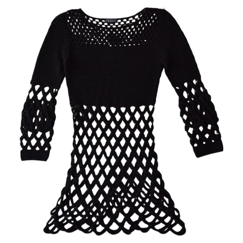 Vintage Black Open Knit Crochet Fishnet Tunic Sweater Dress Medium